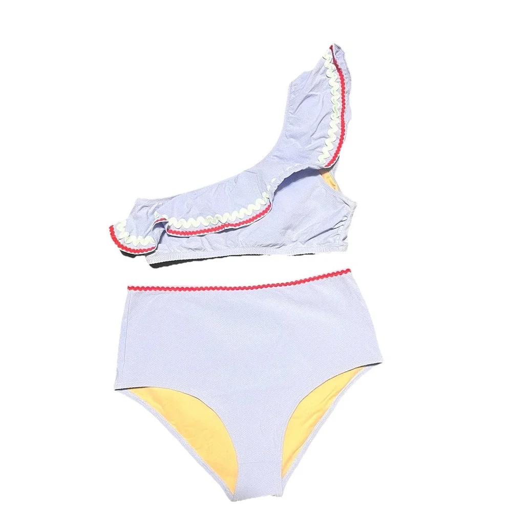 J. Crew High‎ Waist One Arm Top Ruffle Rickrack Bikini Set Blue Size S/M Preppy